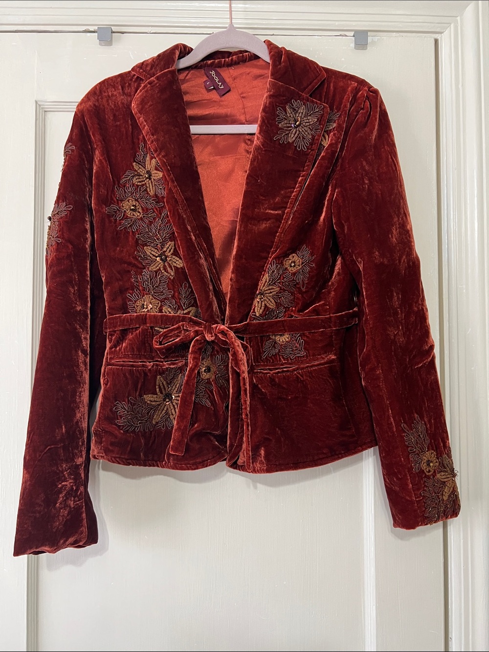 Vintage Joolay burnt orange Velvet silk blend Embroidered Tie-Waist Blazer